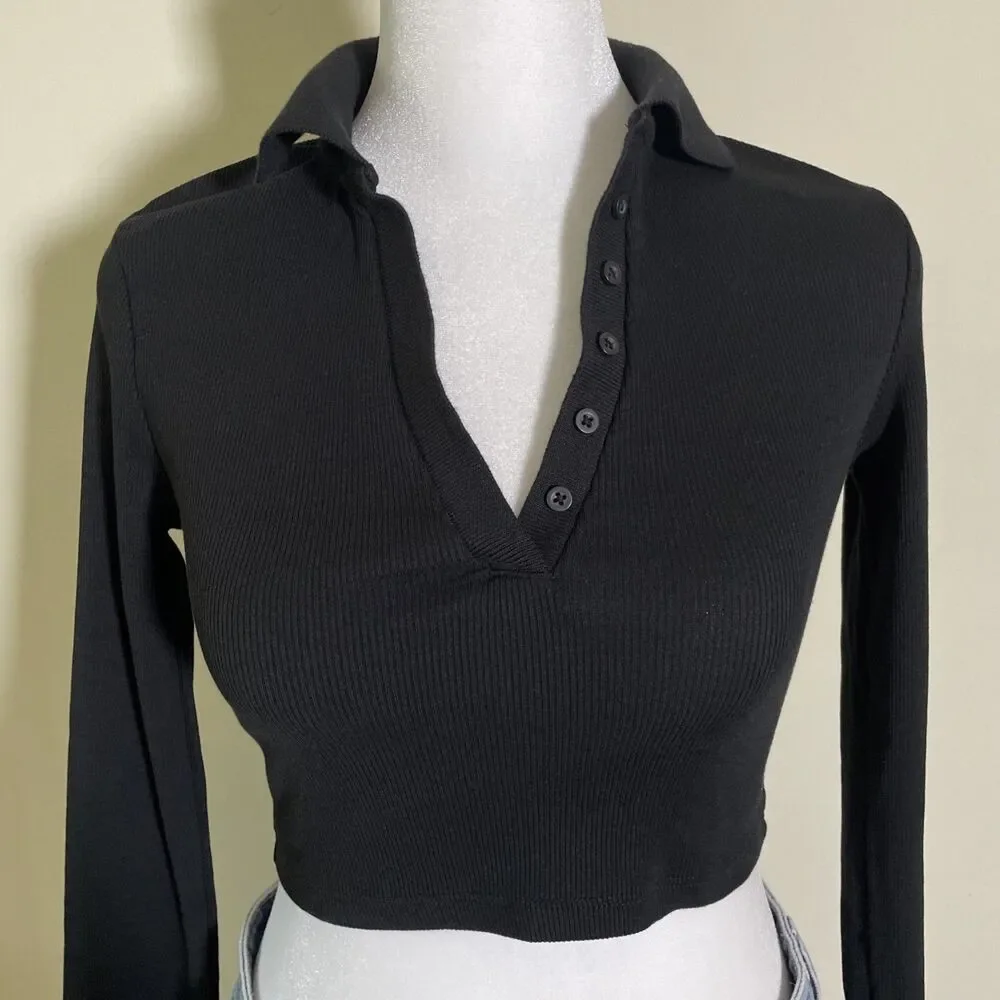 Zara Women's Collared Ribbed Black Crop Top Long Sleeve Size Small Casual
